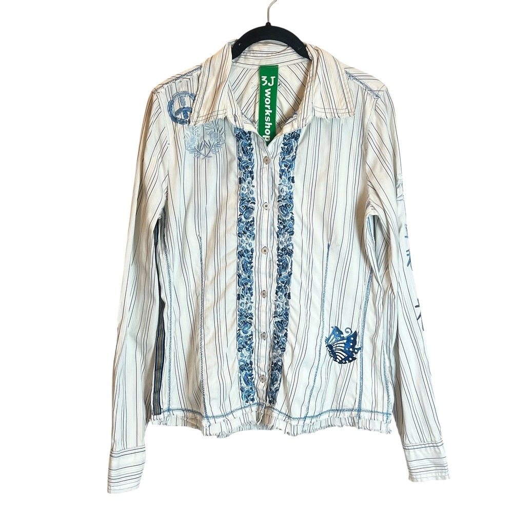 3J Workshop Johnny Was Embroidered Pinstripe Cotton Button Down Shirt Medium